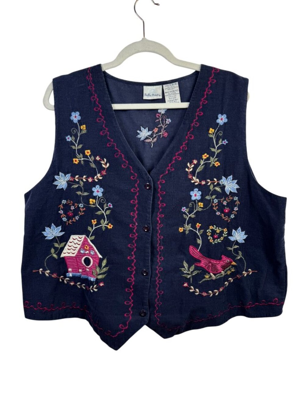 Bobbie Brooks Purple Indigo Corduroy Vest Embroidery Floral Birdhouse Novelty XL